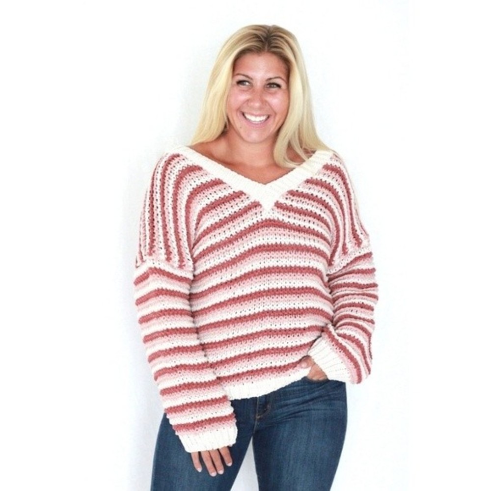 POL Chenille Striped Chunky Knit Sweater Pink Womens Large